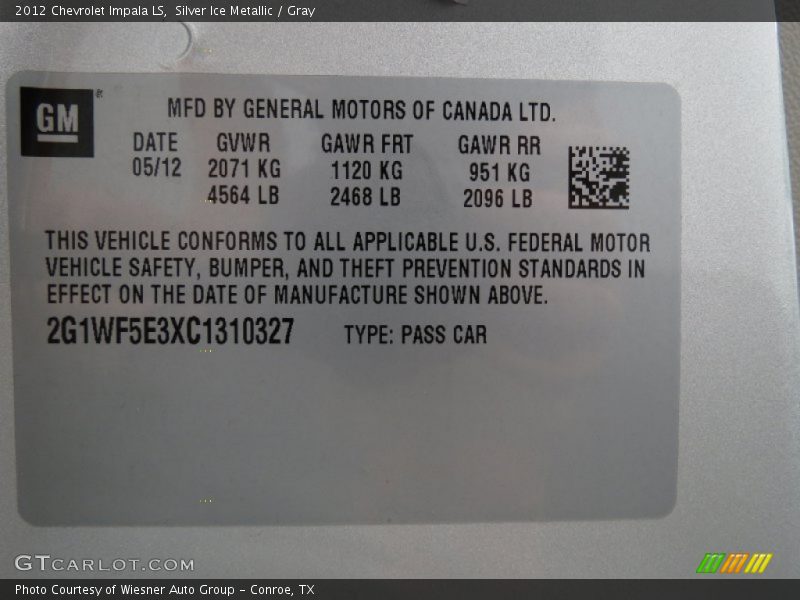Silver Ice Metallic / Gray 2012 Chevrolet Impala LS