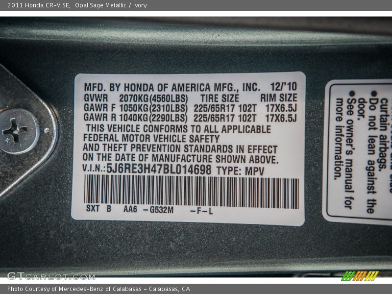 2011 CR-V SE Opal Sage Metallic Color Code G532M