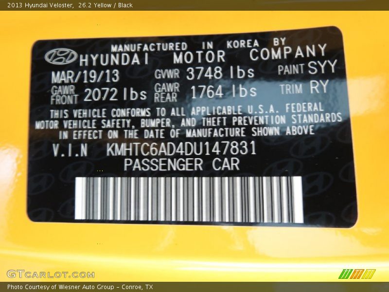 2013 Veloster  26.2 Yellow Color Code SYY