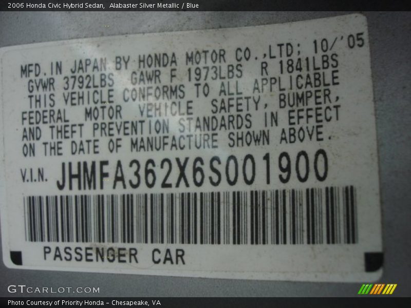 Alabaster Silver Metallic / Blue 2006 Honda Civic Hybrid Sedan