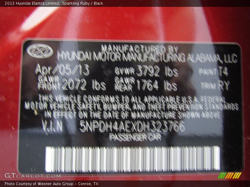 Sparkling Ruby / Black 2013 Hyundai Elantra Limited