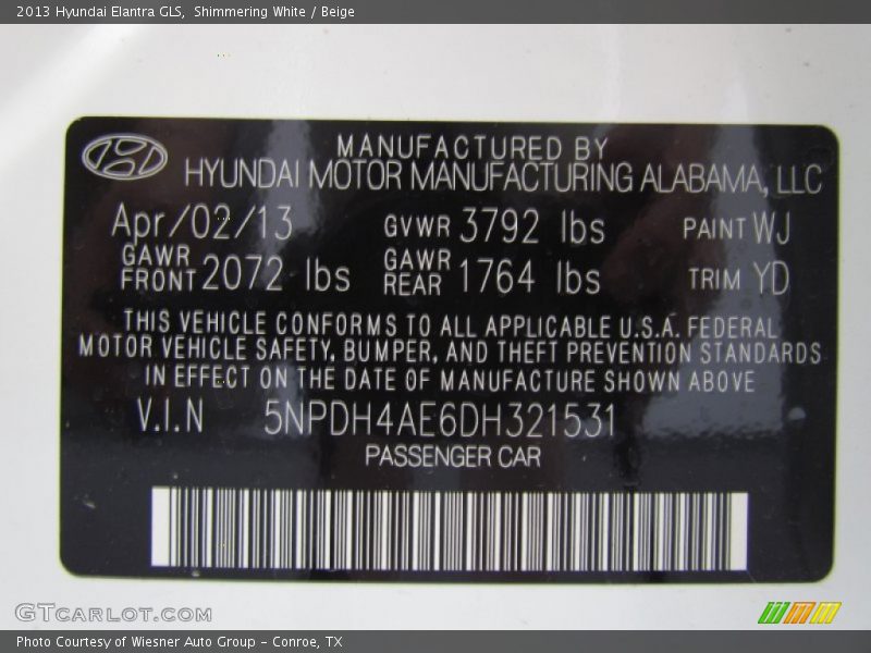 Shimmering White / Beige 2013 Hyundai Elantra GLS