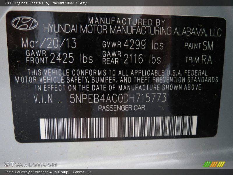 Radiant Silver / Gray 2013 Hyundai Sonata GLS