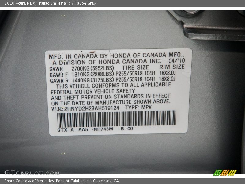 2010 MDX  Palladium Metallic Color Code NH743M