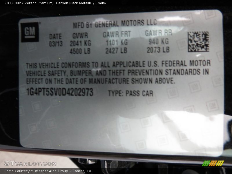 Carbon Black Metallic / Ebony 2013 Buick Verano Premium