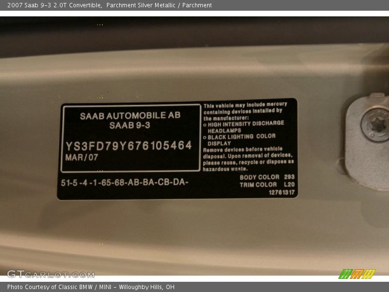 Parchment Silver Metallic / Parchment 2007 Saab 9-3 2.0T Convertible