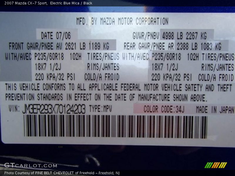 2007 CX-7 Sport Electric Blue Mica Color Code 34J