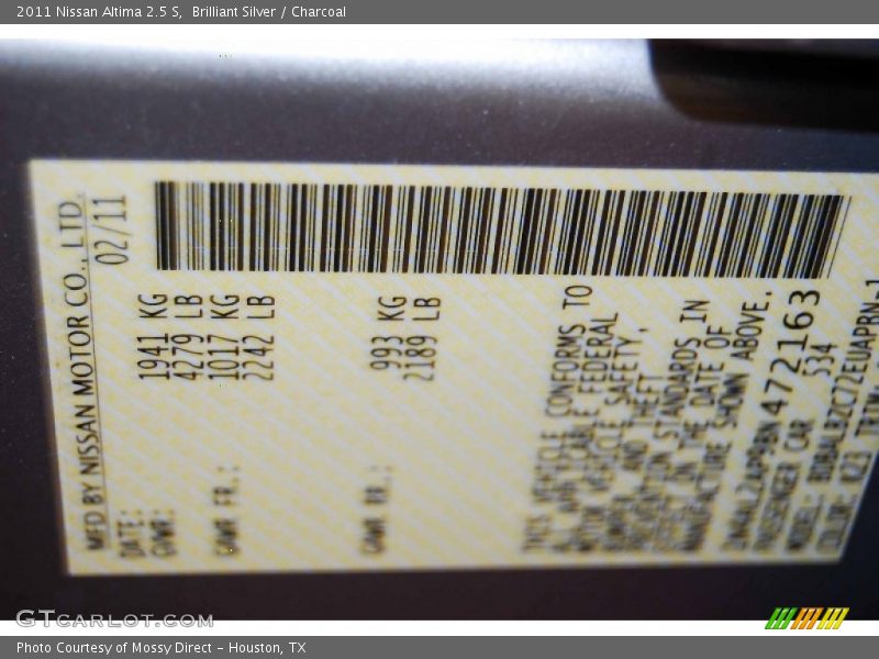 Brilliant Silver / Charcoal 2011 Nissan Altima 2.5 S