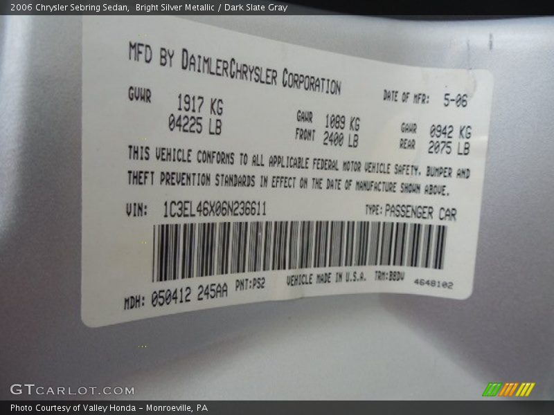 Bright Silver Metallic / Dark Slate Gray 2006 Chrysler Sebring Sedan