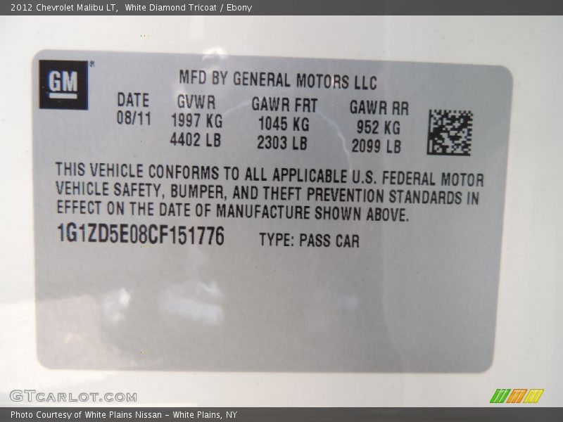 White Diamond Tricoat / Ebony 2012 Chevrolet Malibu LT