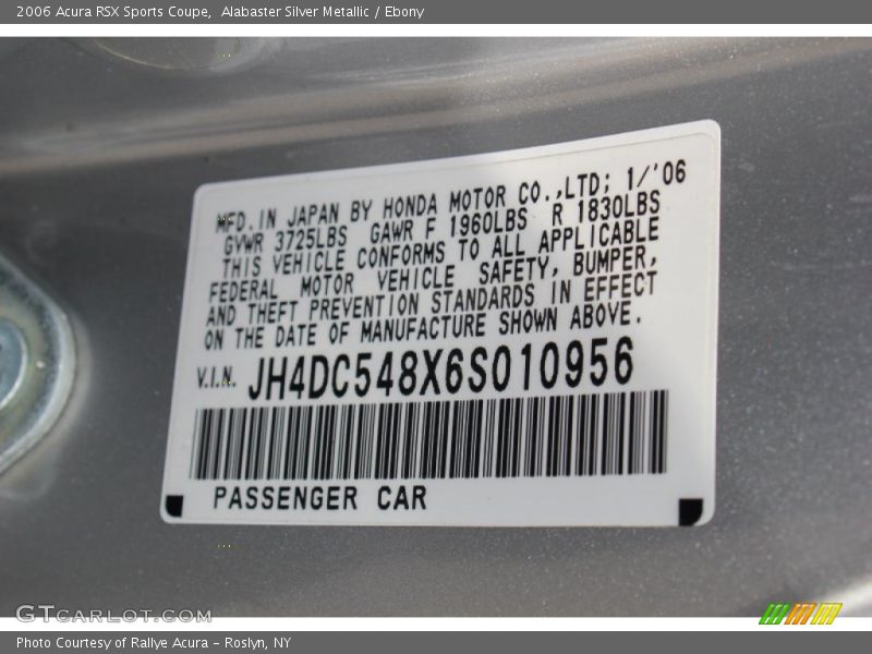 Info Tag of 2006 RSX Sports Coupe