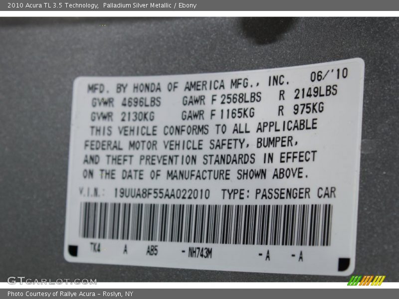 Palladium Silver Metallic / Ebony 2010 Acura TL 3.5 Technology