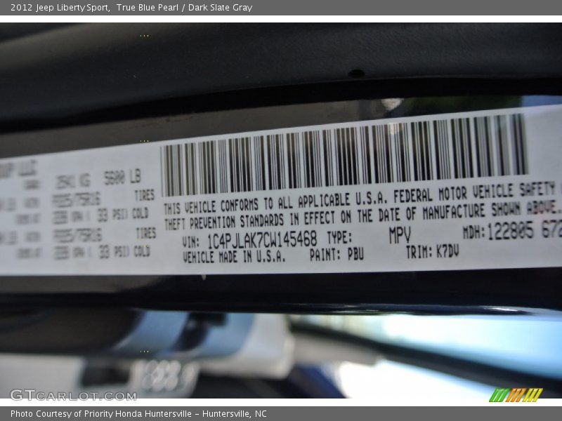 True Blue Pearl / Dark Slate Gray 2012 Jeep Liberty Sport