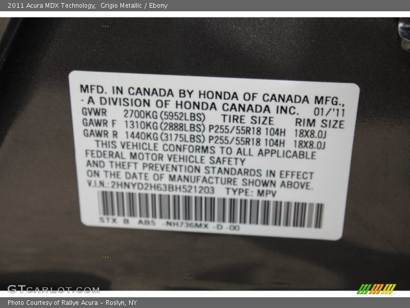 Grigio Metallic / Ebony 2011 Acura MDX Technology