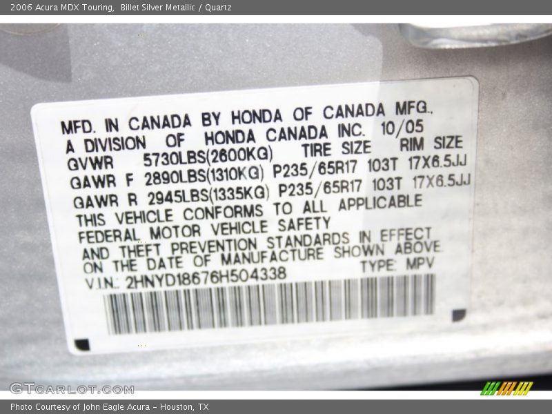 Billet Silver Metallic / Quartz 2006 Acura MDX Touring