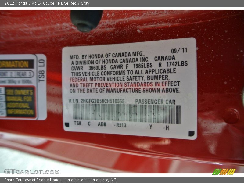 Rallye Red / Gray 2012 Honda Civic LX Coupe