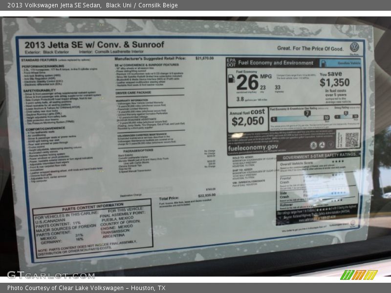 Black Uni / Cornsilk Beige 2013 Volkswagen Jetta SE Sedan