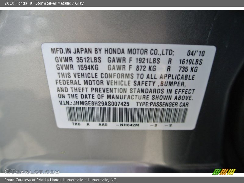 Storm Silver Metallic / Gray 2010 Honda Fit