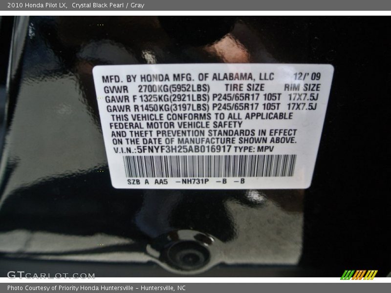 Crystal Black Pearl / Gray 2010 Honda Pilot LX