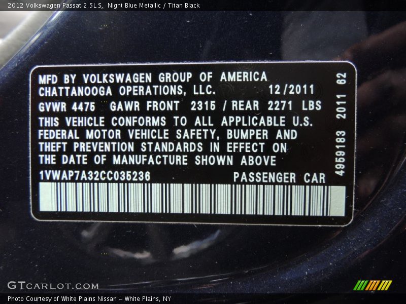 Night Blue Metallic / Titan Black 2012 Volkswagen Passat 2.5L S