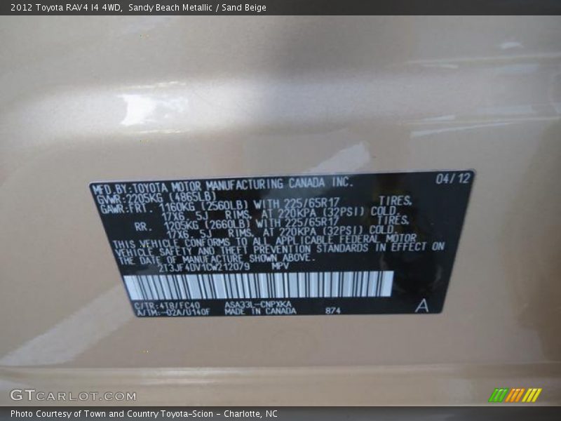 2012 RAV4 I4 4WD Sandy Beach Metallic Color Code 4T8