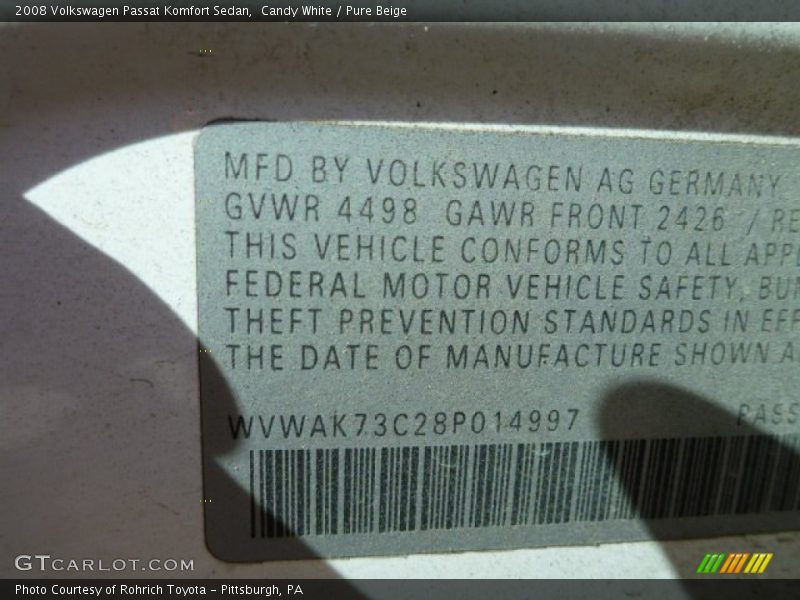 Candy White / Pure Beige 2008 Volkswagen Passat Komfort Sedan