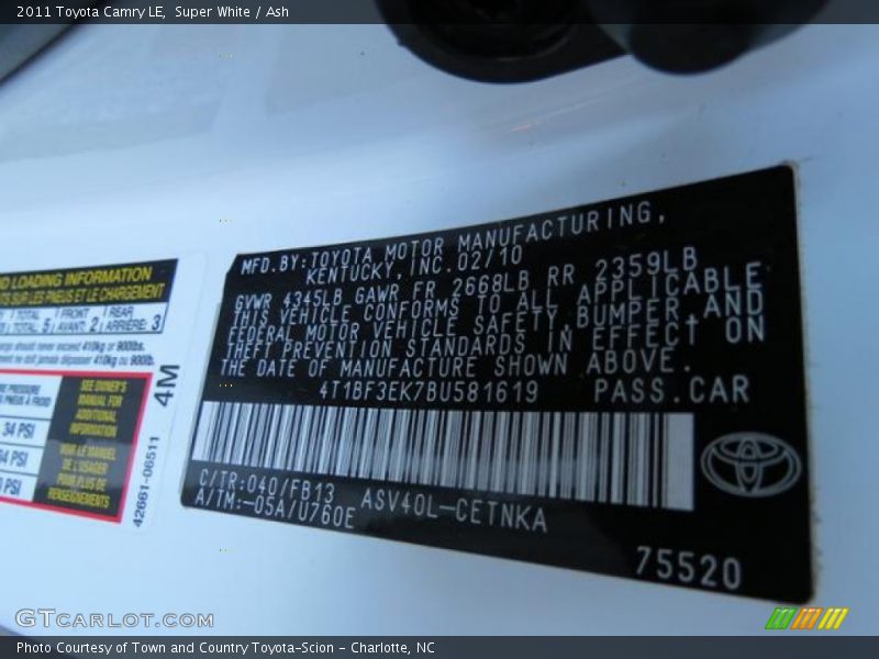 Super White / Ash 2011 Toyota Camry LE