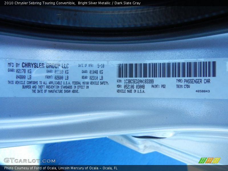 Bright Silver Metallic / Dark Slate Gray 2010 Chrysler Sebring Touring Convertible