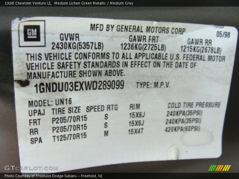 Medium Lichen Green Metallic / Medium Grey 1998 Chevrolet Venture LS