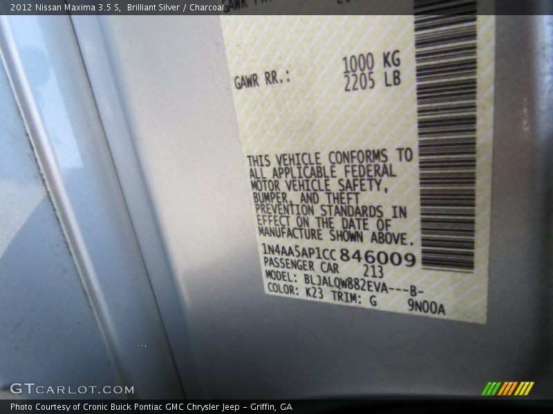 Brilliant Silver / Charcoal 2012 Nissan Maxima 3.5 S