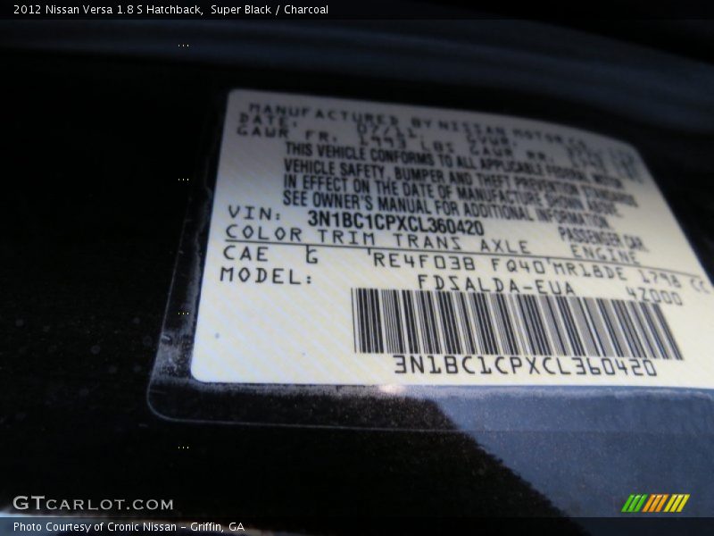 Super Black / Charcoal 2012 Nissan Versa 1.8 S Hatchback