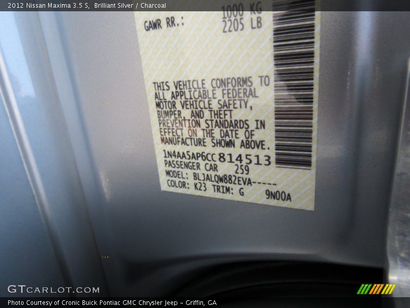 Brilliant Silver / Charcoal 2012 Nissan Maxima 3.5 S