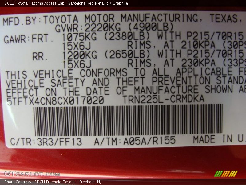 Barcelona Red Metallic / Graphite 2012 Toyota Tacoma Access Cab