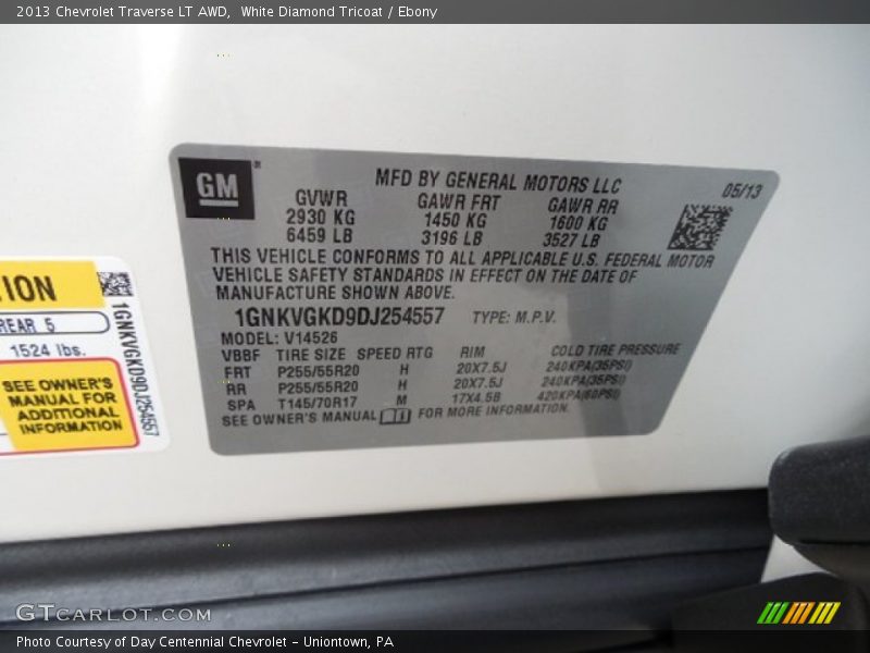 White Diamond Tricoat / Ebony 2013 Chevrolet Traverse LT AWD