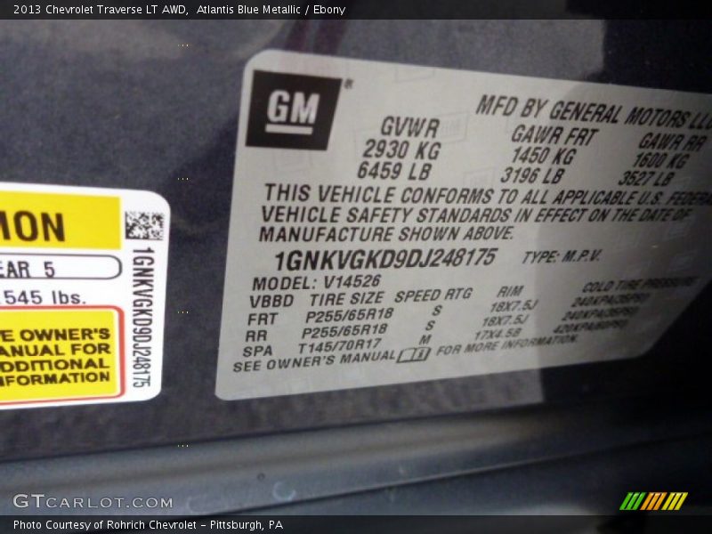 Atlantis Blue Metallic / Ebony 2013 Chevrolet Traverse LT AWD