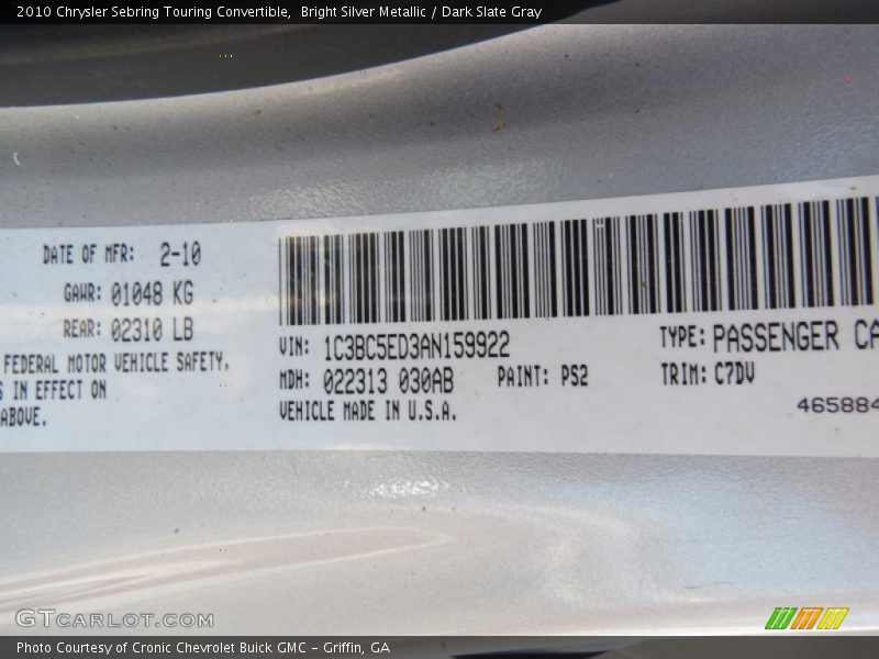 Bright Silver Metallic / Dark Slate Gray 2010 Chrysler Sebring Touring Convertible