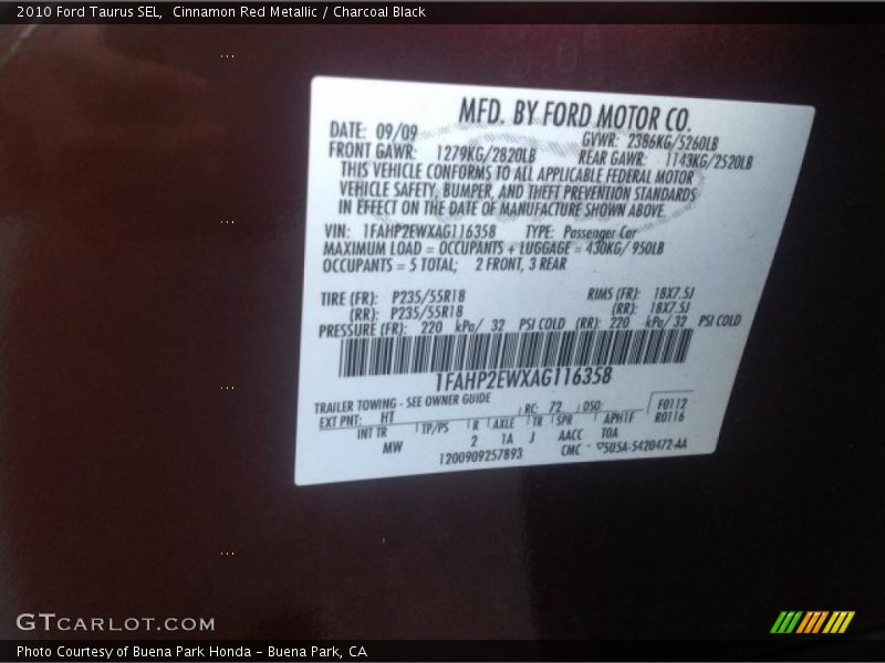 Cinnamon Red Metallic / Charcoal Black 2010 Ford Taurus SEL