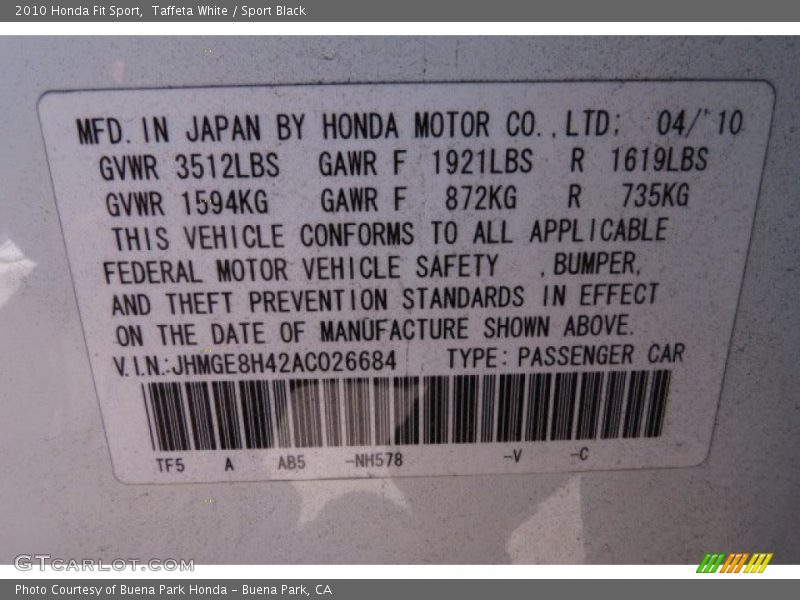 Taffeta White / Sport Black 2010 Honda Fit Sport