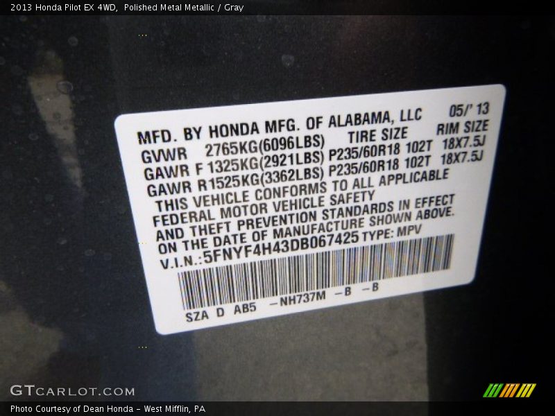 Polished Metal Metallic / Gray 2013 Honda Pilot EX 4WD