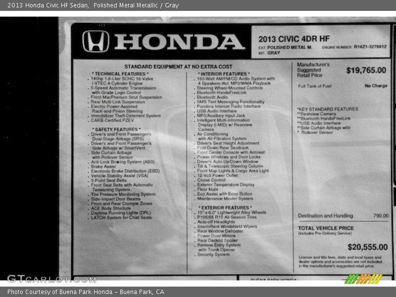  2013 Civic HF Sedan Window Sticker