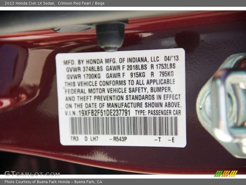 Crimson Red Pearl / Beige 2013 Honda Civic LX Sedan