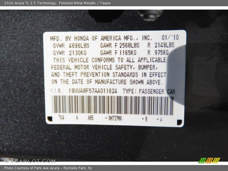 Polished Metal Metallic / Taupe 2010 Acura TL 3.5 Technology