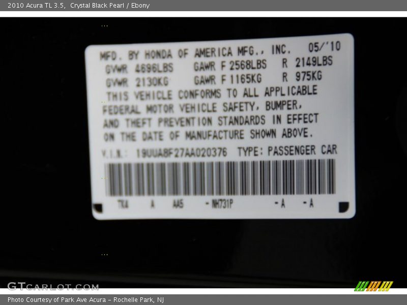 Crystal Black Pearl / Ebony 2010 Acura TL 3.5