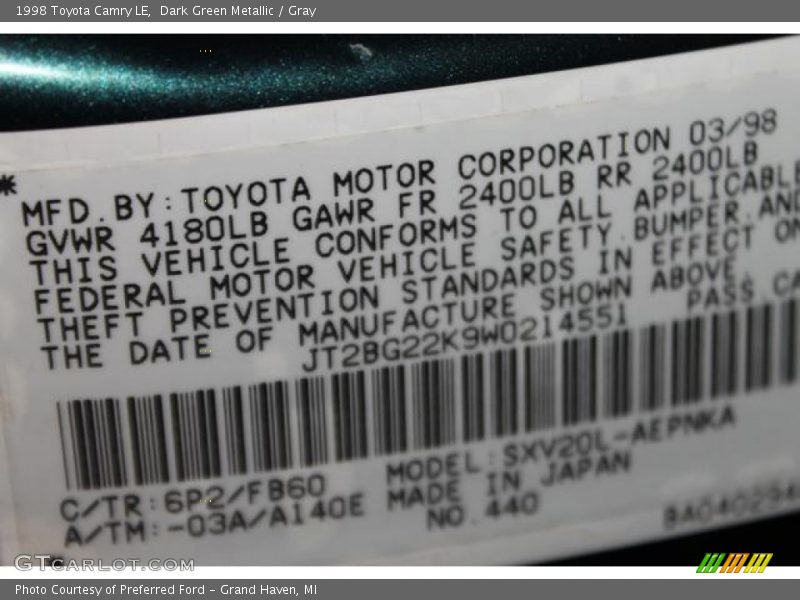 Dark Green Metallic / Gray 1998 Toyota Camry LE