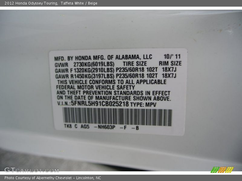 Taffeta White / Beige 2012 Honda Odyssey Touring