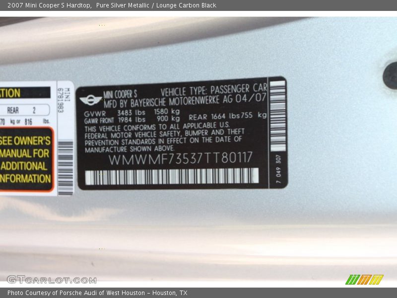 Pure Silver Metallic / Lounge Carbon Black 2007 Mini Cooper S Hardtop