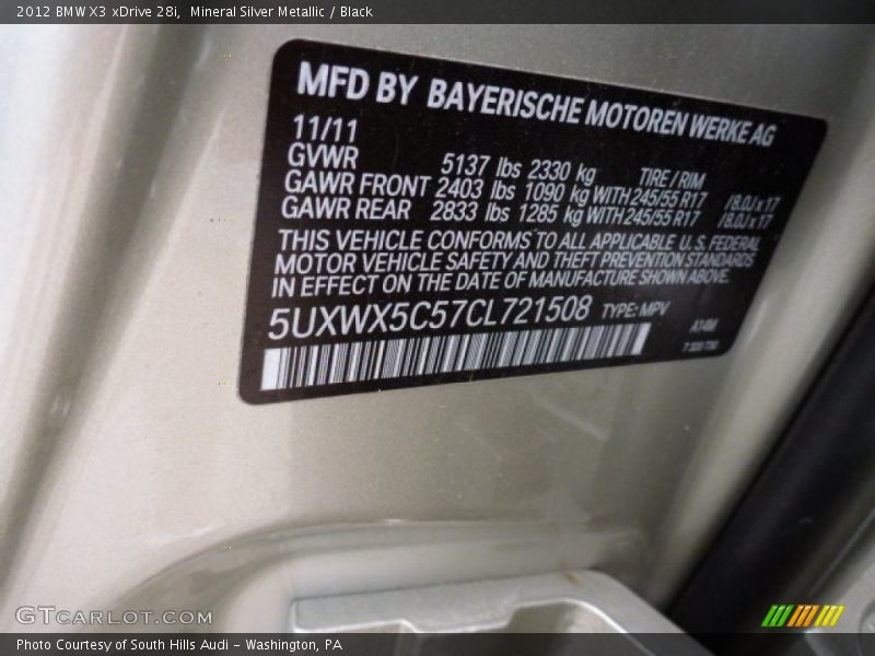 2012 X3 xDrive 28i Mineral Silver Metallic Color Code A14