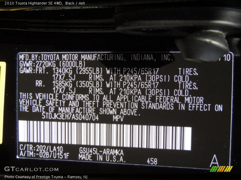 Black / Ash 2010 Toyota Highlander SE 4WD