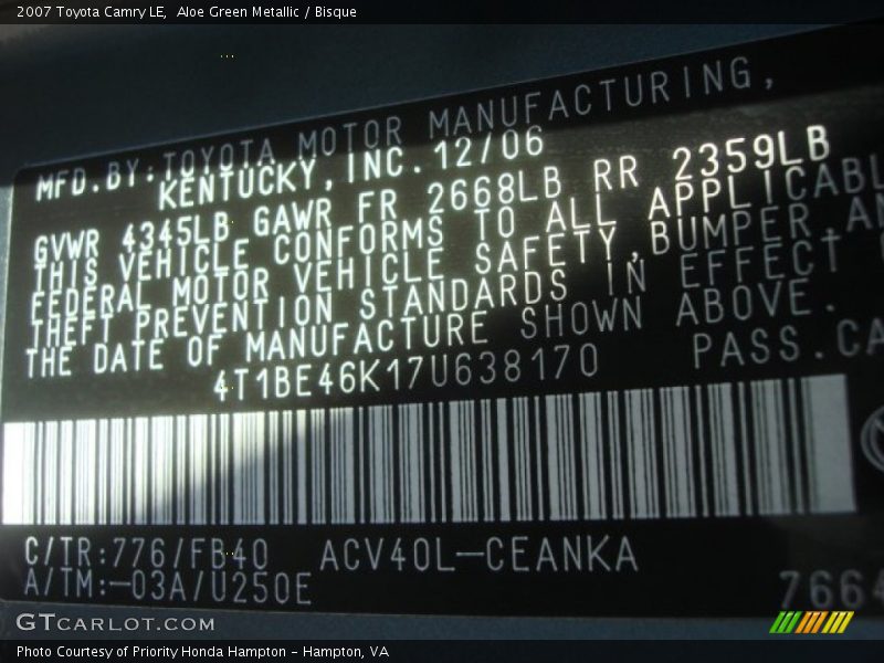 Aloe Green Metallic / Bisque 2007 Toyota Camry LE