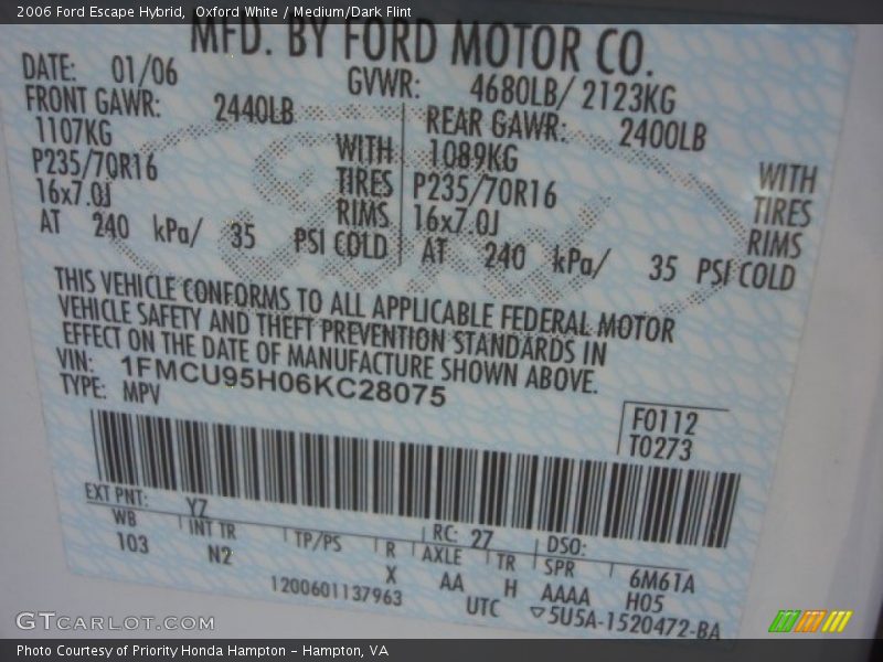 Oxford White / Medium/Dark Flint 2006 Ford Escape Hybrid